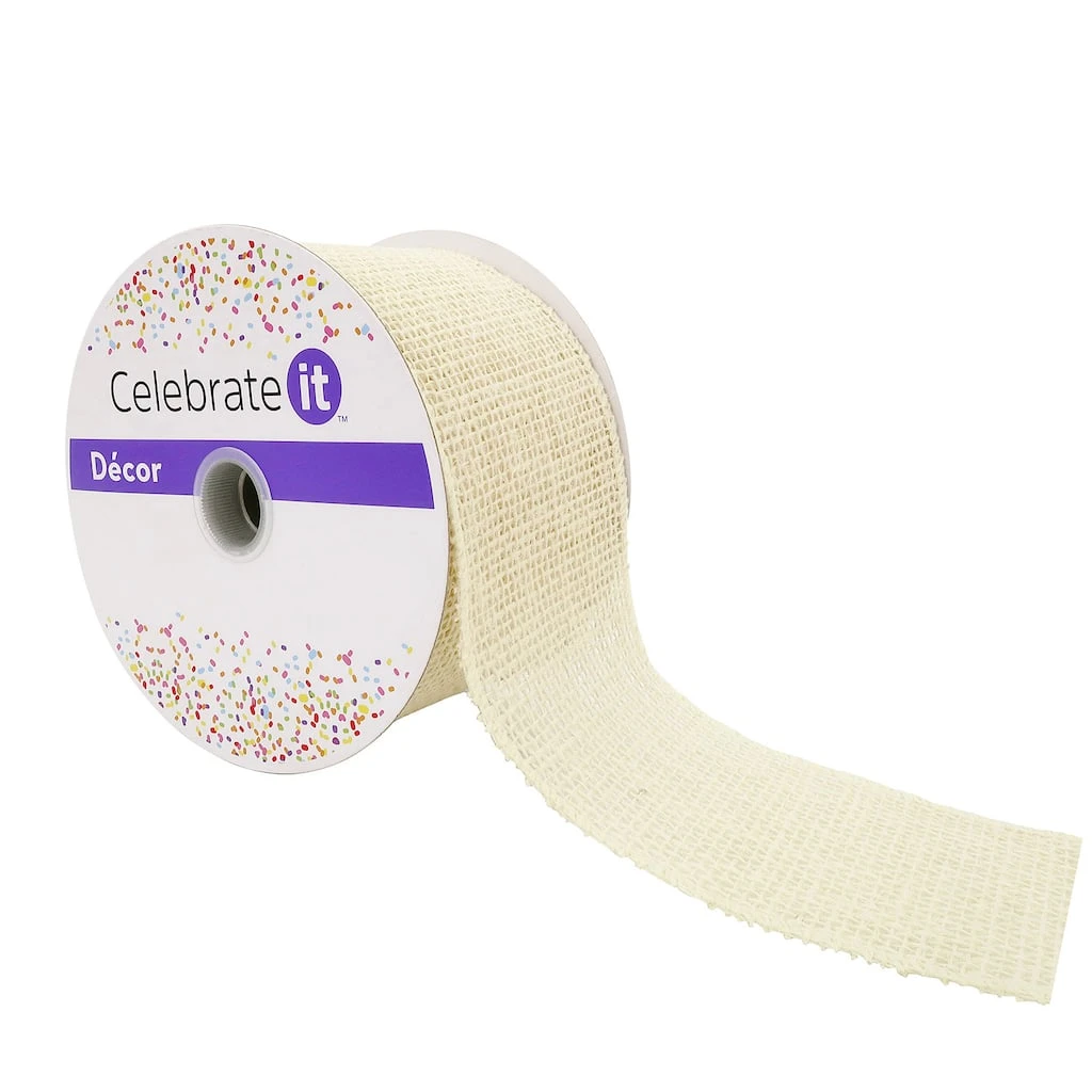 Wholesale ⌛ 2.5" Ivory Faux Burlap Wired Ribbon by Celebrate It™ 🥰 1 Wholesale ⌛ 2.5" Ivory Faux Burlap Wired Ribbon by Celebrate It™ 🥰