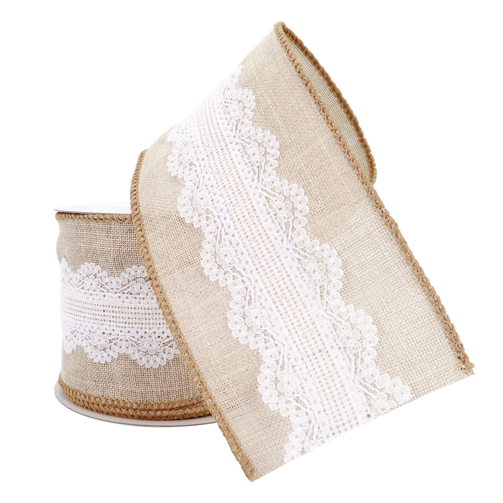 Cheap 👍 2.5" x 2yd. Faux Linen & Lace Wired Ribbon by Celebrate It™ ❤️ 2 Cheap 👍 2.5" x 2yd. Faux Linen & Lace Wired Ribbon by Celebrate It™ ❤️ - Image 2