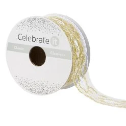 Coupon 🤩 1.25'' x 3 yd. White and Gold Lace Trim Ribbon by Celebrate It® 🤩