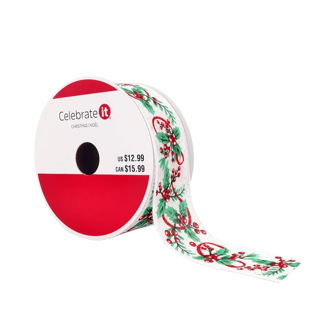 Coupon π₯ 1.5" x 30ft. Faux Linen Wired Mistletoe & Holly Ribbon by Celebrate It® β Christmas 𧨠1 Coupon π₯ 1.5" x 30ft. Faux Linen Wired Mistletoe & Holly Ribbon by Celebrate It® β Christmas π§¨