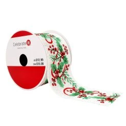 Coupon 🤩 2.5" x 20ft. Faux Linen Wired Holly & Mistletoe Ribbon by Celebrate It® ⌛ Christmas ⌛