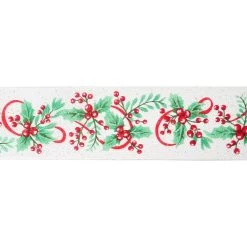 Coupon 🤩 2.5" x 20ft. Faux Linen Wired Holly & Mistletoe Ribbon by Celebrate It® ⌛ Christmas ⌛ -Celebrate It Sales Shop 10696011 3