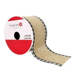 Best deal ✨ 2.5" x 20ft. Wired Faux Linen with Gingham Edge Ribbon by Celebrate It® 🥰 Christmas 😀