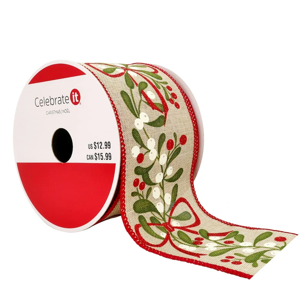 Buy ✔️ 2.5" x 20ft. Faux Linen Wired Mistletoe Ribbon by Celebrate It® 🥰 Christmas ⭐ 1 Buy ✔️ 2.5" x 20ft. Faux Linen Wired Mistletoe Ribbon by Celebrate It® 🥰 Christmas ⭐