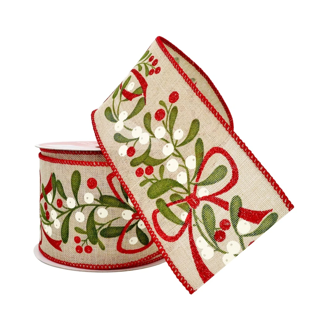 Buy ✔️ 2.5" x 20ft. Faux Linen Wired Mistletoe Ribbon by Celebrate It® 🥰 Christmas ⭐ 2 Buy ✔️ 2.5" x 20ft. Faux Linen Wired Mistletoe Ribbon by Celebrate It® 🥰 Christmas ⭐ - Image 2