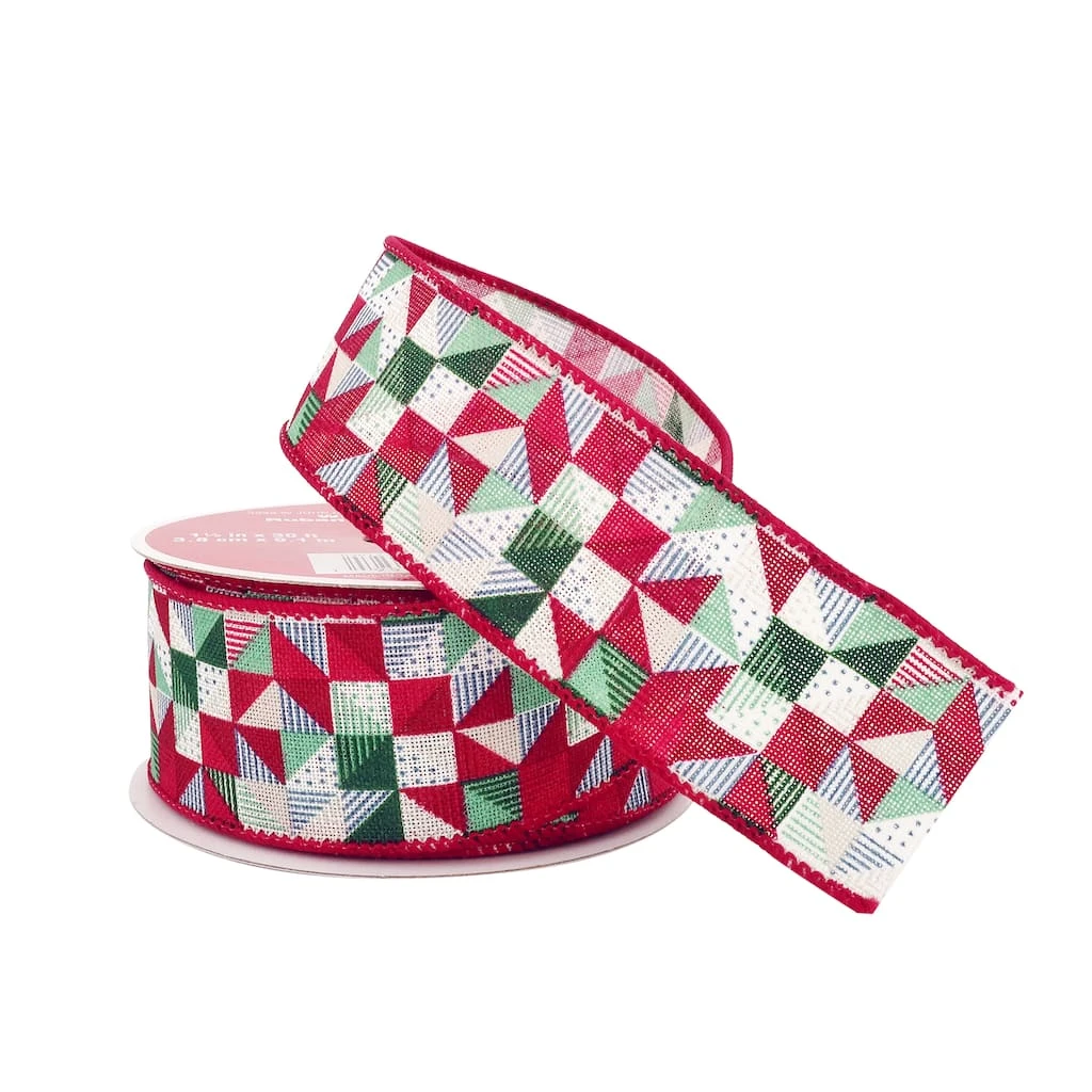 Promo π 1.5" x 30ft. Faux Linen Wired Quilt Pattern Ribbon by Celebrate It™ Christmas π 2 Promo π 1.5" x 30ft. Faux Linen Wired Quilt Pattern Ribbon by Celebrate It™ Christmas π - Image 2