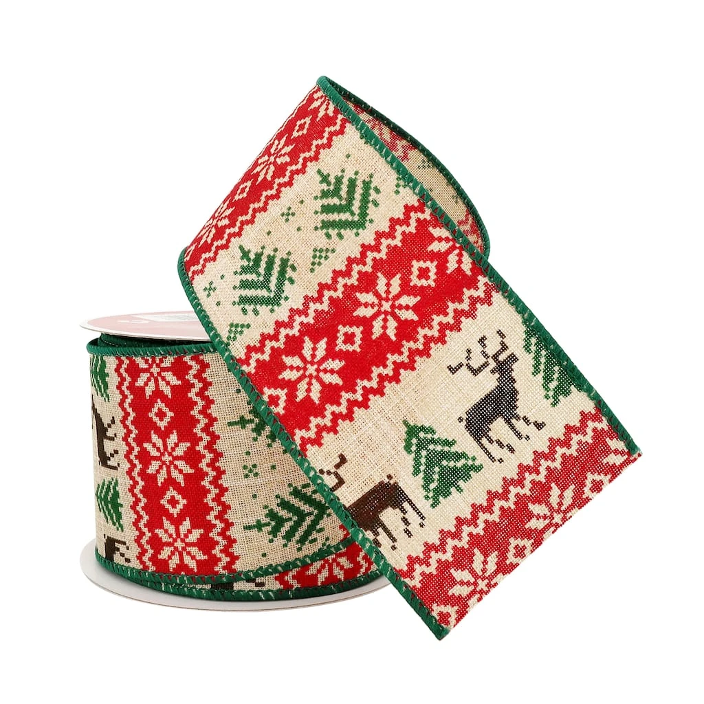 Budget β¨ 2.5" x 20ft. Faux Linen Wired Deer & Trees Ribbon by Celebrate It™ βοΈ Christmas π 2 Budget β¨ 2.5" x 20ft. Faux Linen Wired Deer & Trees Ribbon by Celebrate It™ βοΈ Christmas π - Image 2