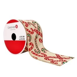 Promo 🧨 2.5" x 20ft. Faux Linen Wired Candy Canes Ribbon by Celebrate It™ Christmas ✔️