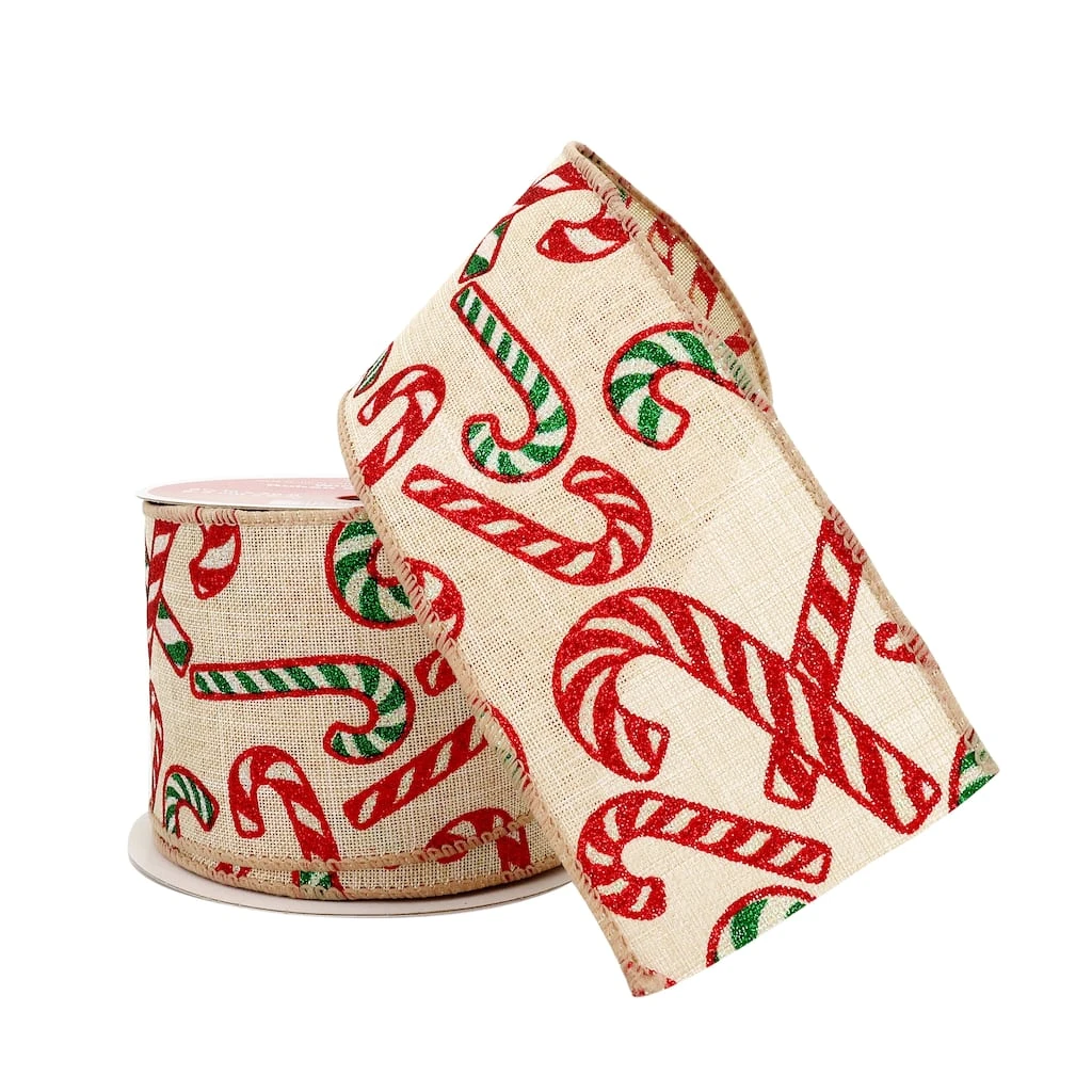 Promo 🧨 2.5" x 20ft. Faux Linen Wired Candy Canes Ribbon by Celebrate It™ Christmas ✔️ 2 Promo 🧨 2.5" x 20ft. Faux Linen Wired Candy Canes Ribbon by Celebrate It™ Christmas ✔️ - Image 2