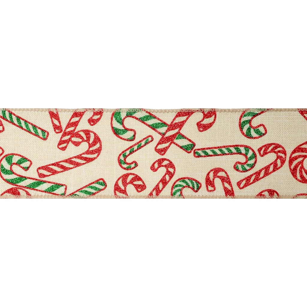 Promo 🧨 2.5" x 20ft. Faux Linen Wired Candy Canes Ribbon by Celebrate It™ Christmas ✔️ 3 Promo 🧨 2.5" x 20ft. Faux Linen Wired Candy Canes Ribbon by Celebrate It™ Christmas ✔️ - Image 3