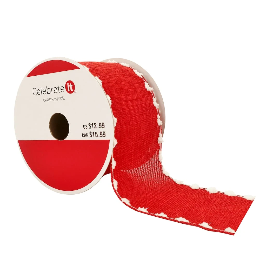 Promo β¨ 2.5" x 20ft. Faux Linen & Pom Pom Edge Wired Ribbon by Celebrate It™ π― Christmas π 1 Promo β¨ 2.5" x 20ft. Faux Linen & Pom Pom Edge Wired Ribbon by Celebrate It™ π― Christmas π