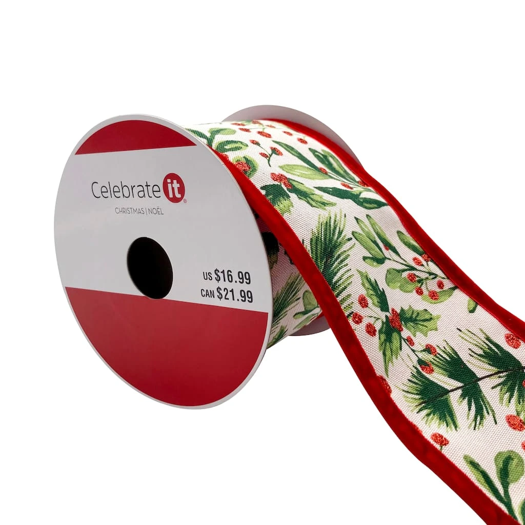 Best deal π€© 3.5'' x 9 ft. Holly Print Ribbon with Velvet Edge by Celebrate It® π 1 Best deal π€© 3.5'' x 9 ft. Holly Print Ribbon with Velvet Edge by Celebrate It® π