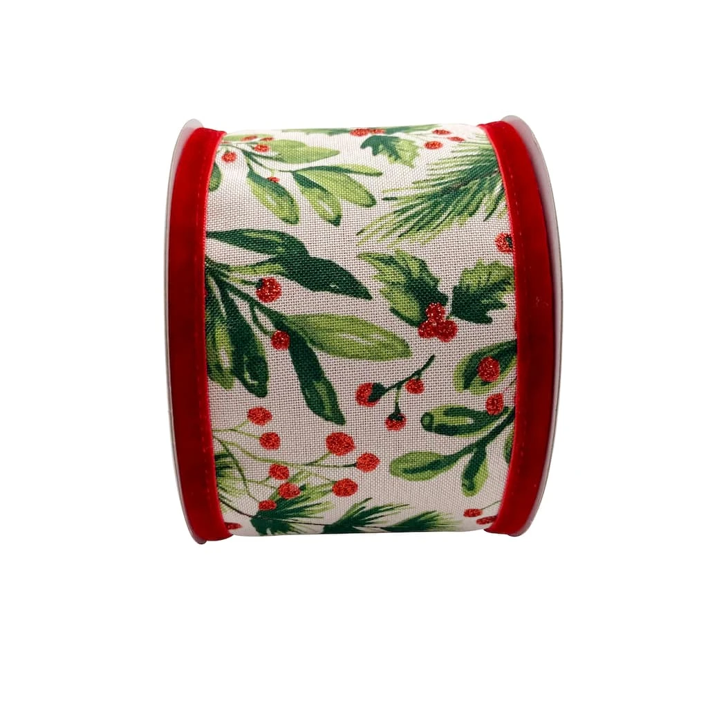 Best deal π€© 3.5'' x 9 ft. Holly Print Ribbon with Velvet Edge by Celebrate It® π 2 Best deal π€© 3.5'' x 9 ft. Holly Print Ribbon with Velvet Edge by Celebrate It® π - Image 2
