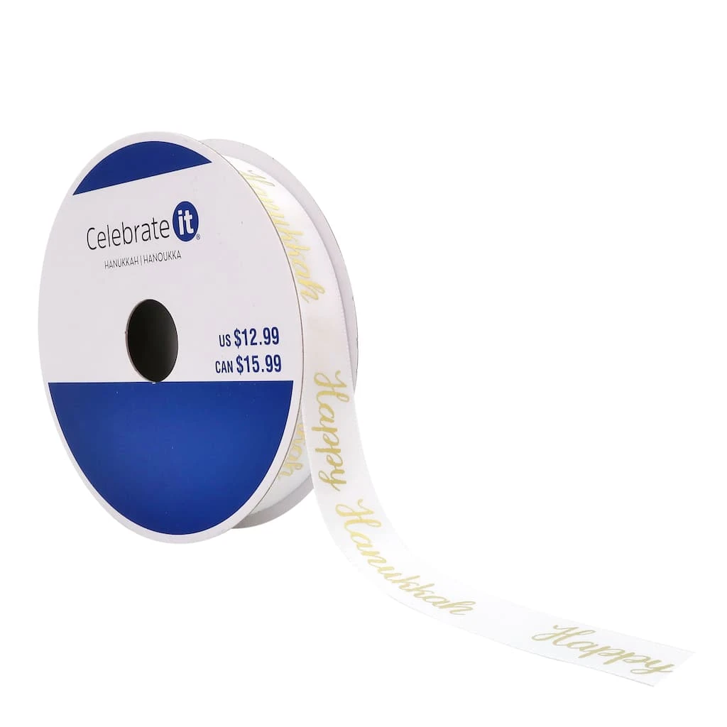 Brand new ✨ 5/8" x 30ft. Satin Foil Happy Hanukkah Ribbon by Celebrate It® Hanukkah 💯 1 Brand new ✨ 5/8" x 30ft. Satin Foil Happy Hanukkah Ribbon by Celebrate It® Hanukkah 💯